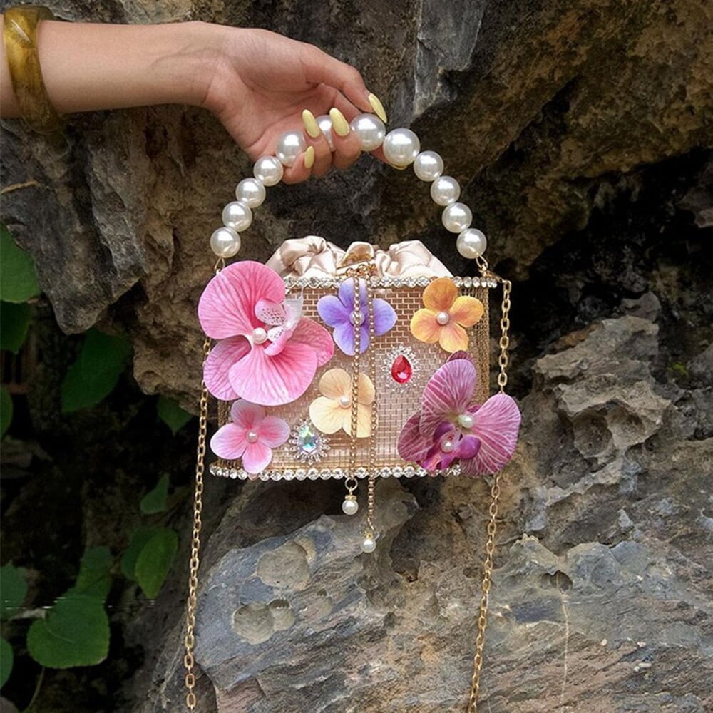 ⚡ Women's Multi Flower Shaped Rhinestone Evening Metallic Bucket Crossbody Bag - Picture 6 of 9